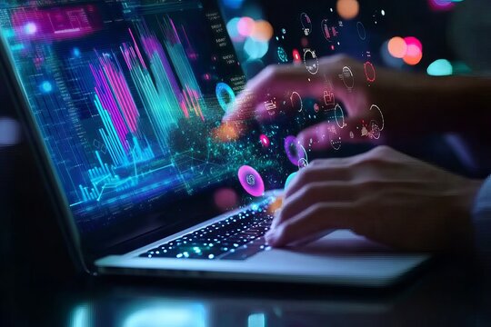 Businessman works on laptop Showing 2025 business trends dashboard with charts, metrics, AI, E-commerce, KPI. 