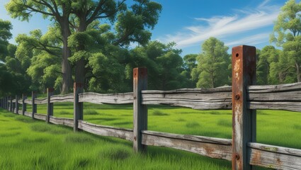 A tranquil landscape featuring a rustic wooden fence amidst lush green grass and towering trees under a bright blue sky, evoking a sense of peace and nature's beauty.
