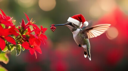 A festive hummingbird wearing a Santa hat hovers near vibrant red flowers on a sunny day
