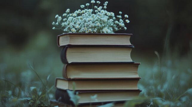 Stack of books balancing precariously, with the top book sprouting tiny flowers