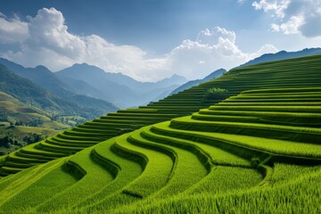 Fototapeta premium Lush green rice terraces under a vibrant sky in the mountains