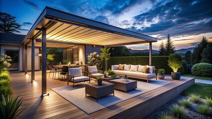 Fototapeta premium Smart Outdoor Patio with Weather-Adaptive Furniture & Retractable Roof - Low Light Photography