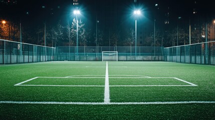 Obraz premium Nighttime view of an empty soccer field with lights