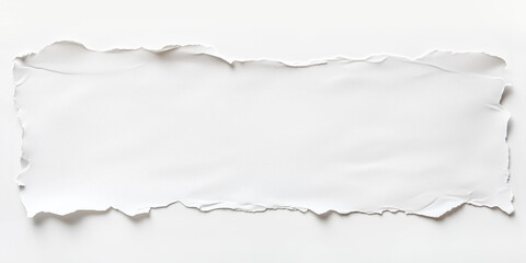 Fototapeta premium Torn paper strip on a white background, showcasing a clean and minimalist design element ideal for presentations, banners, and creative projects.