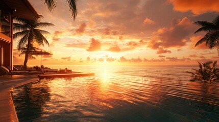 Tropical Sunset Over Oceanfront Pool And Villa
