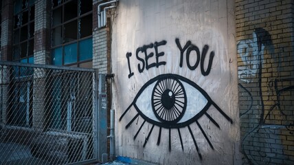 Fototapeta premium Close-up of a graffiti mural depicting an eye with the words 'I see you' on a weathered urban wall