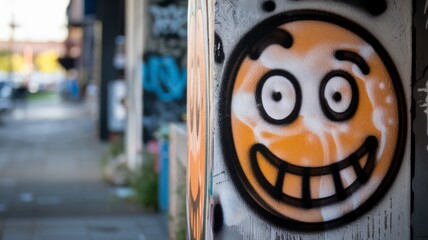 Smiley face graffiti painted on urban wall in narrow street, surrounded by blurred city buildings and colorful tags