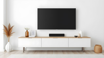 Mockup minimalist a cabinet television wall mounted with decoration in living room and white wall. Generative AI