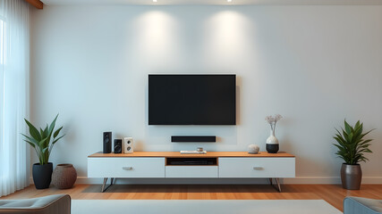 Mockup minimalist a cabinet television wall mounted with decoration in living room and white wall. Generative AI