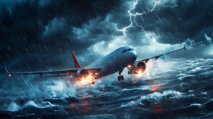 Jet Aircraft Flying Over Stormy Ocean in Lightning Storm with Sparks - Dramatic Aviation Scene