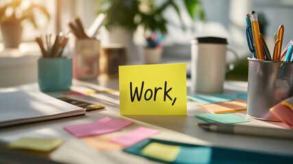 昼間の明るい光に照らされた「Work」を含む散らばったメモとデスク