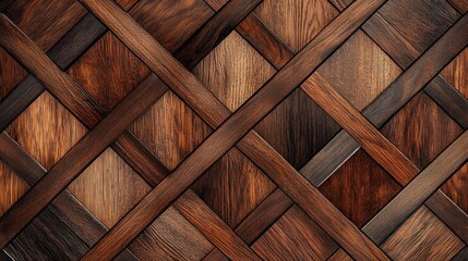 Geometric pattern with parallel wooden strips creating interlocking diamonds in rich brown wood, offering a modern and textured backdrop for decor 
