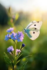 Butterfly on flower at sunset in spring garden nature photography