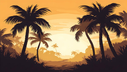 A silhouette of palm trees basking in the warm hues of a tropical sunset AI Generated