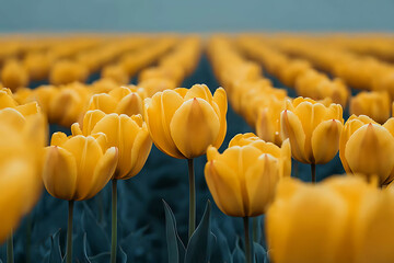 Obraz premium Endless tulip fields in full bloom with vibrant colors stretching to the horizon, set under a clear blue sky, symbolizing the beauty of nature and springtime