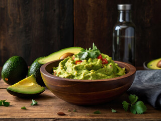 Obraz premium Cuencos de guacamole con aguacates cortados y aceite de oliva sobre una mesa de madera 