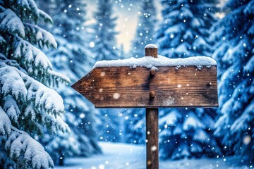 Fototapeta premium Snowy Wooden Directional Signpost, Winter Wonderland, Snowfall Background, Silhouette Photography