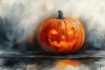 a vibrant watercolor illustration of a halloween pumpkin featuring vivid orange and intricate details framed by a playful banner with white copy space for seasonal greetings