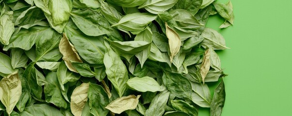 Fototapeta premium Indoor food photography arranging dried basil leaves aesthetically