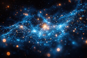 Obraz premium Colorful abstract cosmic design showcasing a starry night with swirling blue light and golden sparkles in the universe