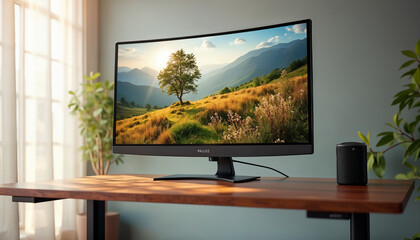 Fototapeta premium Curved Monitor with Scenic Landscape Display