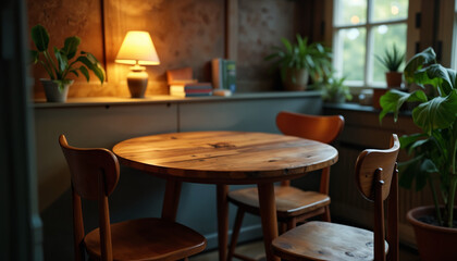 Obraz premium Cozy Wooden Table and Chairs in Warm Lighting
