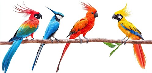 Obraz premium Vibrant Colorful Parrots Perched on a Branch