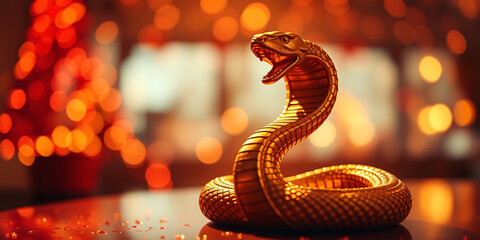 Golden Cobra Figurine, Festive Lights Background