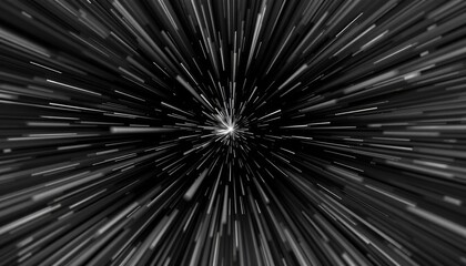 Naklejka premium Warp Speed Through a Starfield, Abstract Rendering of Fast-Moving Space Debris Converging on a Central Point in a Deep Black Void