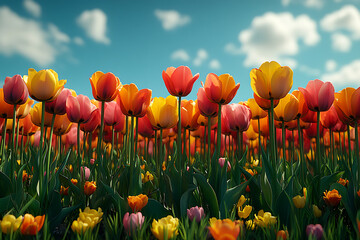 Fototapeta premium Endless tulip fields in full bloom with vibrant colors stretching to the horizon, set under a clear blue sky, symbolizing the beauty of nature and springtime
