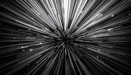 Obraz premium Hyperspace Journey, A Monochrome Burst of Light and Cosmic Speed with Star-like Reflections Emanating from a Central Point of Infinite Expansion