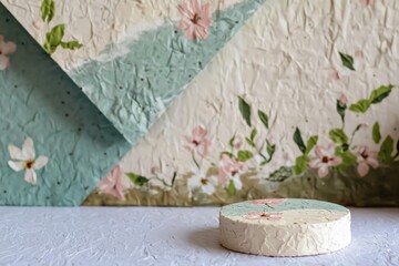 paper craft podium with white and blue mixed geometric textured background