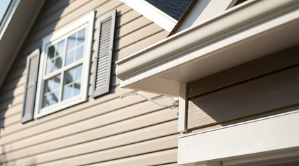 Close-up view of a house exterior featuring light beige vinyl siding, a white window with gray shutters, and a white rain gutter.  Sunlight casts shadows on the siding.