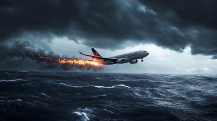 Fototapeta premium Dramatic Plane Emergency Landing at Sea with Engine Fire and Storm Clouds - Aerial View of Aircraft in Distress