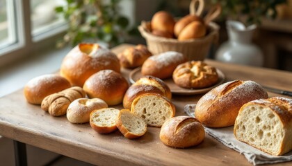 Freshly Baked Bread Assortment, A Rustic Display of Golden Brown Loaves and Rolls, Perfect for a Delicious Home-style Meal or a Comforting Gathering,