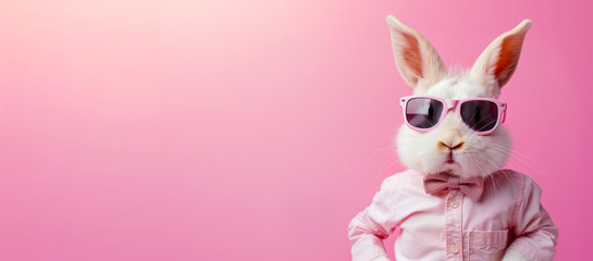 Funny easter animal pet greeting card banner - Easter bunny rabbit with sunglasses, pink shirt and bow tie