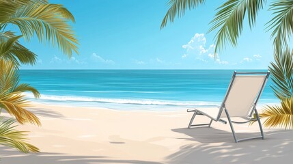 Serene Tropical Beach Scene with Reclining Chair under Palm Trees