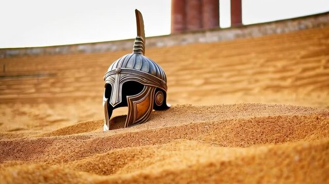 A gladiator helm in the sand of the arena