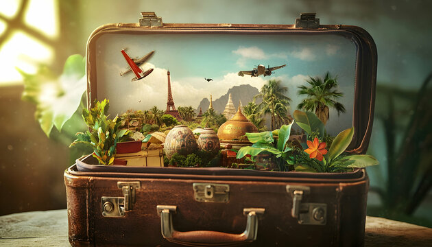 A suitcase bursting with exotic travel dreams, set against a blank background for personalized messages AI Generated
