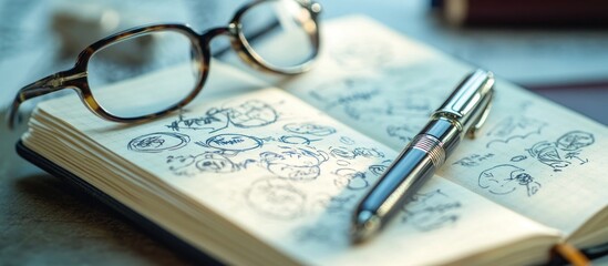 Open notebook with a pen and glasses, with doodles on the pages.