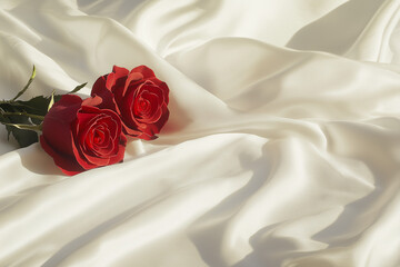 Two red roses on a soft white silk fabric. Valentine's Day.