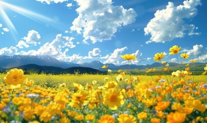 Fototapeta premium 阳光下的黄色花朵美丽清新花田背景