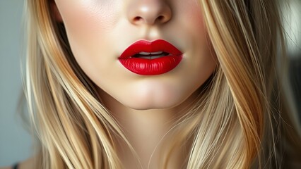 Close-up of a woman’s lips with bold red lipstick and golden blonde hair, highlighting beauty, elegance, and sensuality. Perfect for concepts of cosmetics, glamour, and femininity.