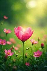 Obraz premium dainty pink wildflowers surround a shining heart in a green meadow, , flowers