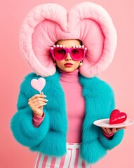 Fashionable woman in a vibrant outfit with oversized pink heart-shaped accessories, holding a heart-shaped lollipop and a plate with a heart-shaped dessert. Concept of love, style, and creativity.