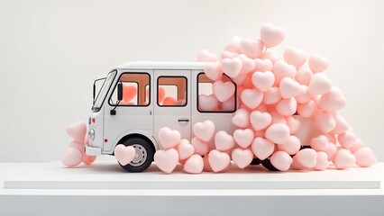 Retro white van covered with pink heart-shaped balloons on a minimalist platform. A creative and romantic expression of love, joy, and celebration.