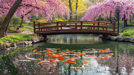 Naklejka premium Serene Japanese Garden with Koi Fish and Cherry Blossom Trees