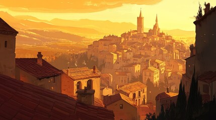 Obraz premium Golden Sunset Over Hilltop Medieval Town