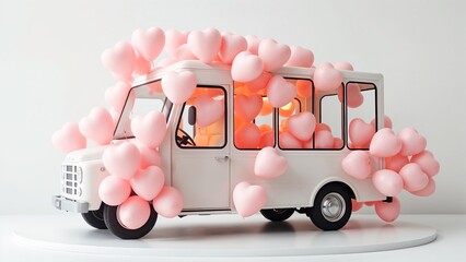 White vintage van decorated with pink heart-shaped balloons, radiating warmth and love on a minimalist background. A concept of romance, celebration, and cheerful creativity.