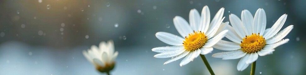 Fototapeta premium delicate white daisies with droplets of dew on petals, daisies, delicate, winter